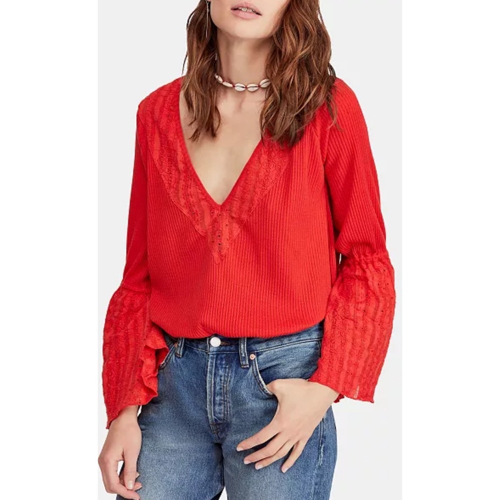 Free People Parisian‎ Nights Red Lace Trim Ribbed Bell Sleeve V Neck Top Small